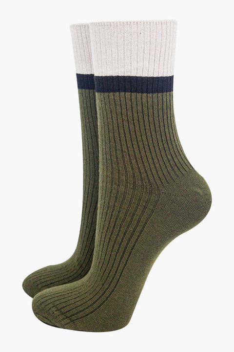 Miss Shorthair 4547STCUKHCR Women's Mid-Calf Socks- Khaki/Cream, Contrast Cuff