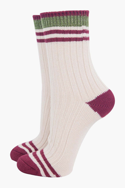 Miss Shorthair 4548CBSTCR Women's Mid-Calf Socks- Cream/Khaki, Striped Cuff