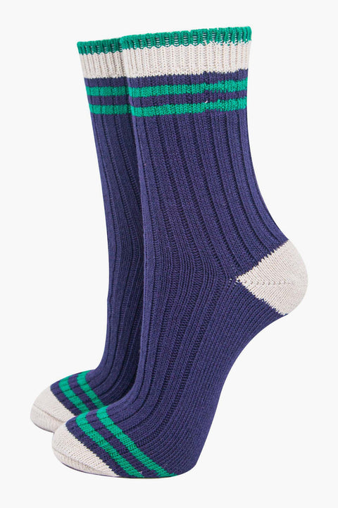 Miss Shorthair 4548CBSTRNB Women's Mid-Calf Socks- Navy Blue/Green, Striped Cuff