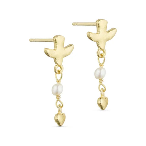 Pure 45990 Ava post earrings w. bird, pearls and hearts Gold
