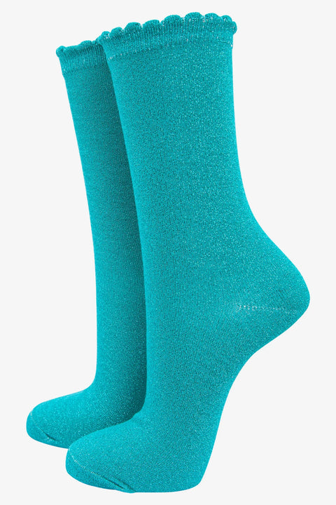 Miss Shorthair 4898AQ13 Cotton Blend All Over Glitter Ankle Socks in Aqua