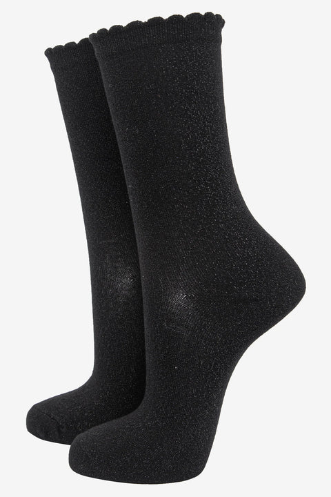Miss Shorthair 4898B19 Cotton Blend All Over Glitter Ankle Socks in Black