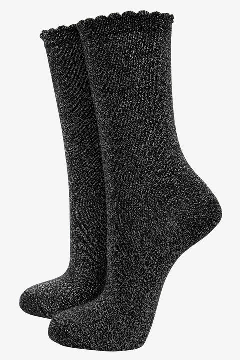 Miss Shorthair 4898BSI1.1 Womens Black Glitter Socks Silver Sparkly Ankle Socks Shimmer with Scalloped Cuff