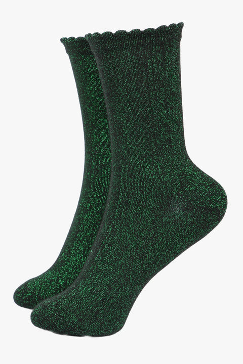 Miss Shorthair 4898B11.1 Black Bright Green All Over Glitter Socks with Scalloped Cuff