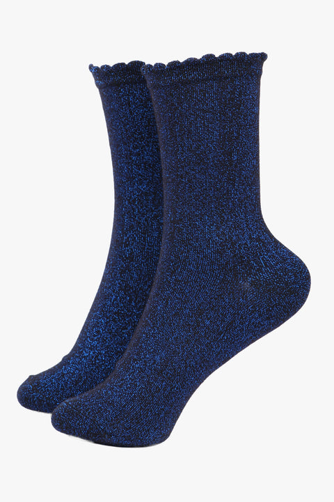 Miss Shorthair 4898BRB.1 Womens Black Glitter Socks Sparkly Ankle Socks Shimmer Royal Blue with Scalloped Cuff