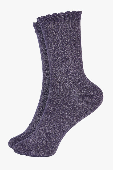 Miss Shorthair 4898NB1.1 Womens Cotton Glitter Ankle Socks Scalloped Cuff in Navy Blue Silver with a Scalloped Cuff