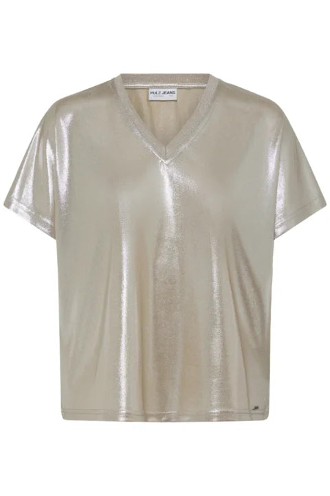 Pulz Fina V-Neck Metallic Tshirt In Macadamia Metallic