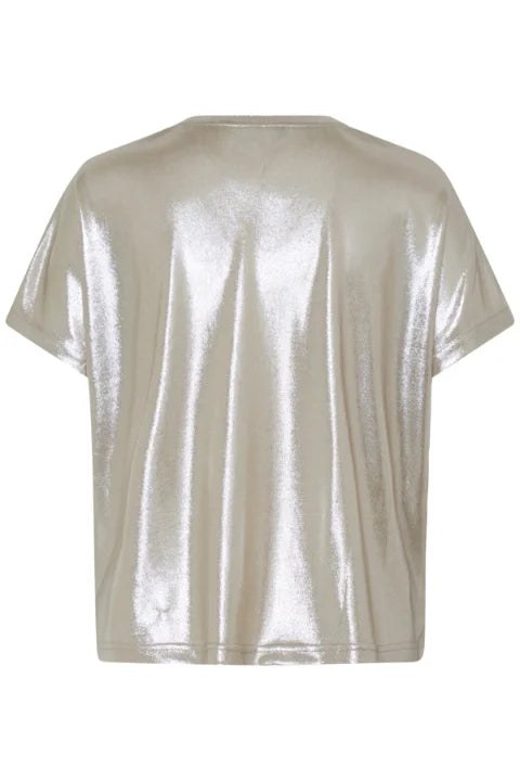 Pulz Fina V-Neck Metallic Tshirt In Macadamia Metallic
