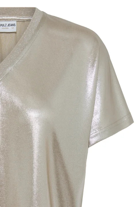 Pulz Fina V-Neck Metallic Tshirt In Macadamia Metallic