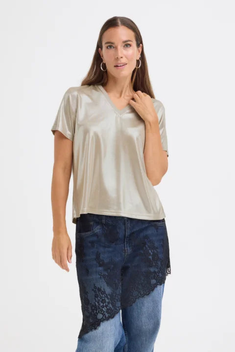 Pulz Fina V-Neck Metallic Tshirt In Macadamia Metallic