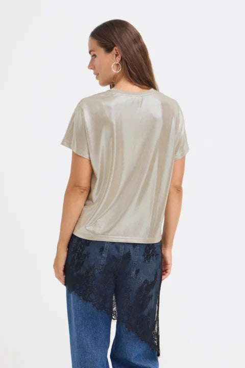 Pulz Fina V-Neck Metallic Tshirt In Macadamia Metallic