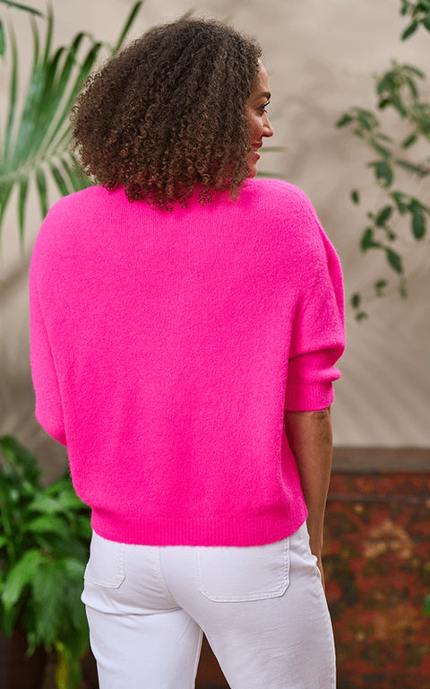 Luella Valentina Short Sleeve V Neck Alpaca Knit Jumper In Fluorescent Pink