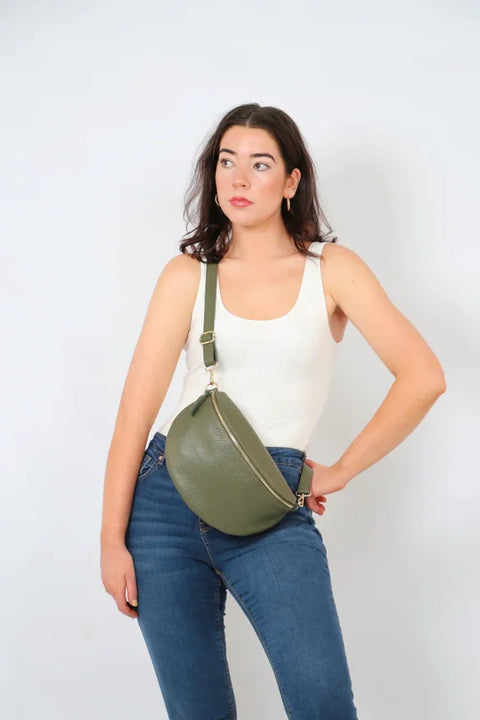 Miss Shorthair 6555KH Khaki Large Italian Leather Half Moon Crossbody Bag