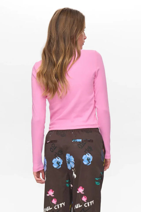 Numph Riley LS Cropped Tee In Fuscia Pink