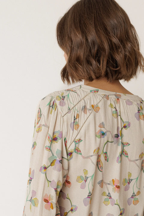 Indi & Cold AD101 Ruched Detail Shirt In Beige