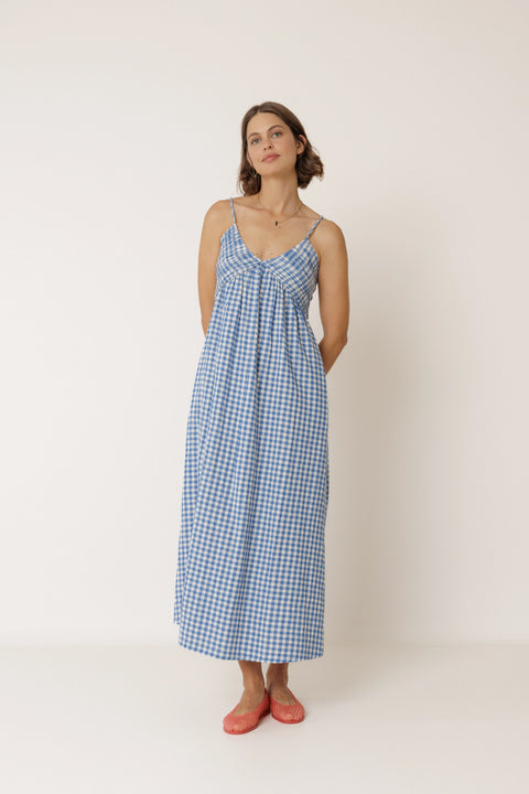 Indi & Cold AD145 Strappy Gingham Dress In British Blue