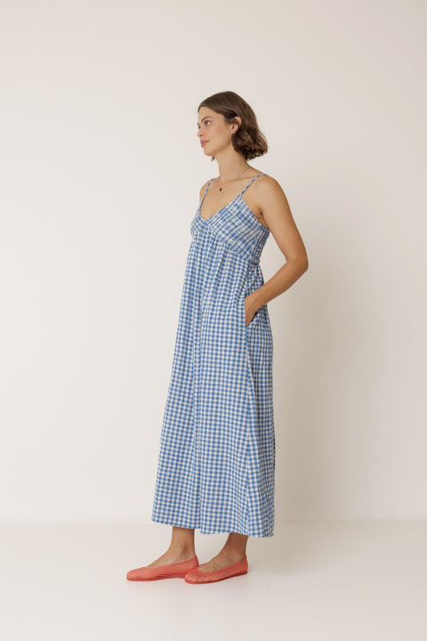 Indi & Cold AD145 Strappy Gingham Dress In British Blue