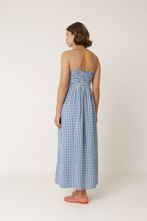 Indi & Cold AD145 Strappy Gingham Dress In British Blue