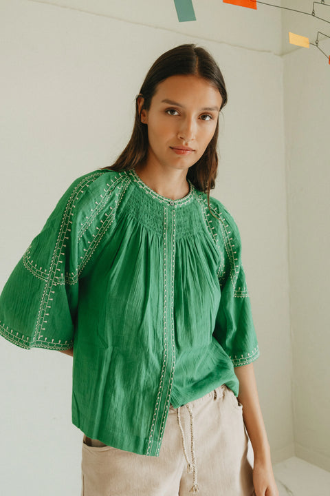 Indi & Cold AD185 Bell Sleeve Shirt In Green