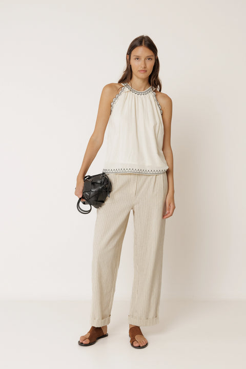 Indi & Cold AD187 Contrast Embroidery Top In Ecru