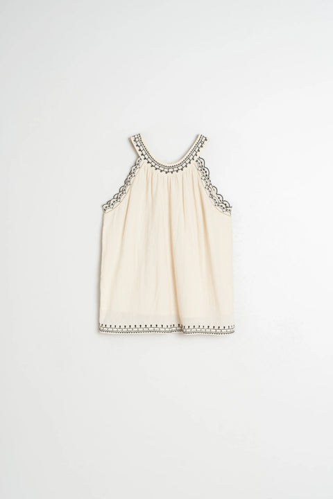 Indi & Cold AD187 Contrast Embroidery Top In Ecru