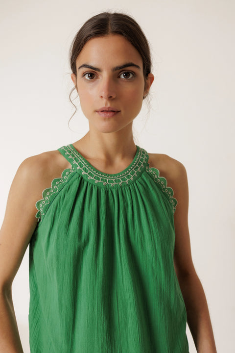 Indi & Cold AD187 Contrast Embroidery Top In Green