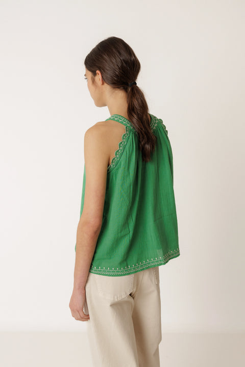 Indi & Cold AD187 Contrast Embroidery Top In Green