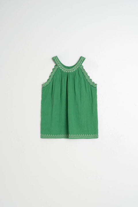 Indi & Cold AD187 Contrast Embroidery Top In Green