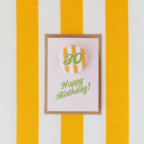 Oh Squirrel AGE12-CLL-30 Any Age Birthday Badge Card - Pink card with Mustard + Green Badge