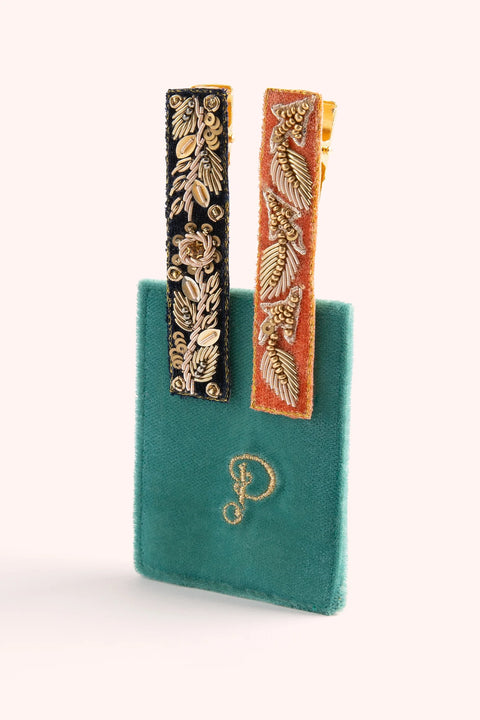 Powder BAR21 Navy/Tangerine Leaves (Teal), Pk 2 Hair Bars