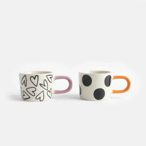 Caroline Gardner Gifts BEM100 Mono Spot/Hearts Set Of 2 Esresso Cups