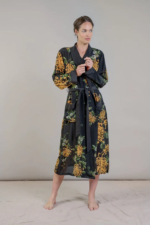 One Hundred Stars Chrysanthemum Black Crepe Gown