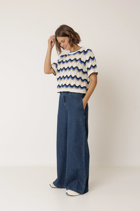 Indi & Cold EA517 Zig Zag Crochet Sweater In British Blue