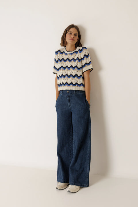 Indi & Cold EA517 Zig Zag Crochet Sweater In British Blue