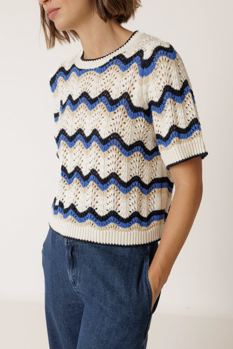 Indi & Cold EA517 Zig Zag Crochet Sweater In British Blue