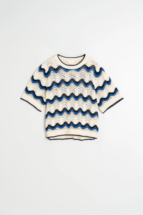 Indi & Cold EA517 Zig Zag Crochet Sweater In British Blue