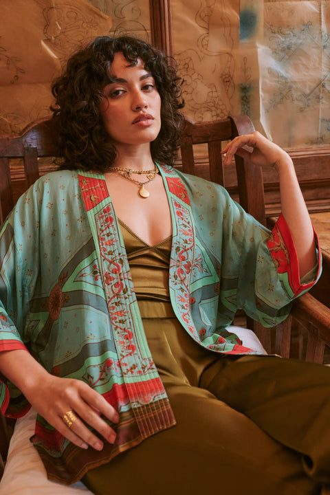 One Hundred Stars Fleur De Lys Aqua Kimono