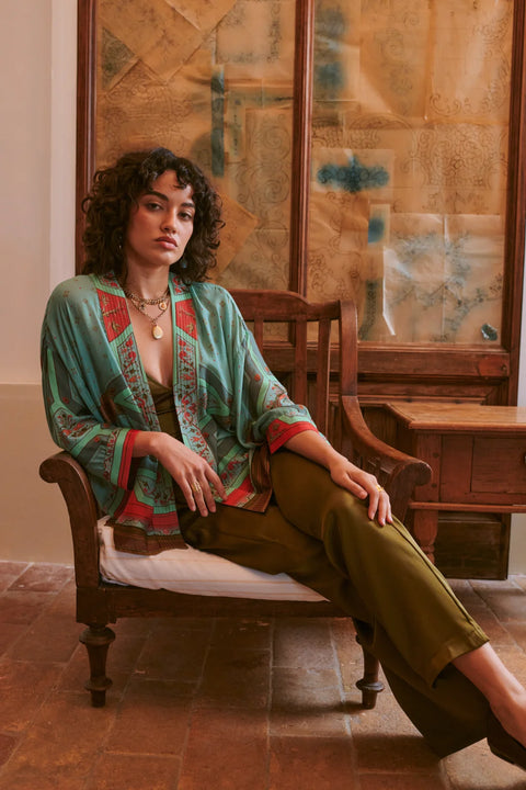 One Hundred Stars Fleur De Lys Aqua Kimono