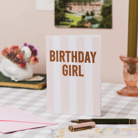 Oh Squirrel GL105-NKD Birthday Girl Stripe Card With Biodegradable Glitter