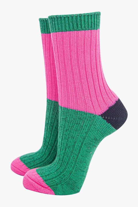 Miss Shorthair 4546MUCBGRPI Women's Mid-Calf Socks- Pink/Green, Colour Block