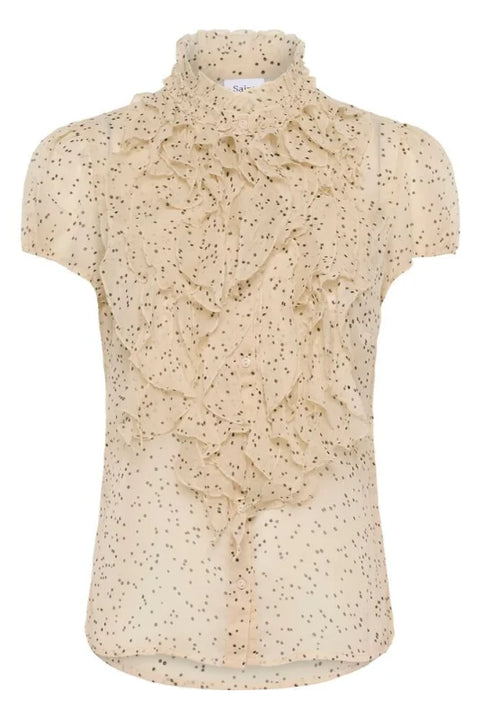 Saint Tropez Lilja Crinkle SS Shirt In Creme Black Mini Dots