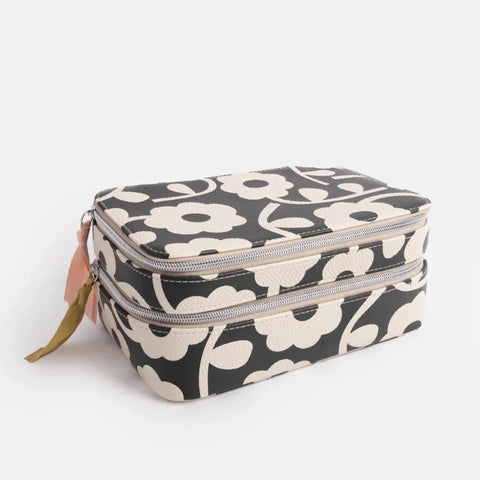 Caroline Gardner Gifts MBO100 Charcoal Mono Flower Mini Cube Cosmetic Bag