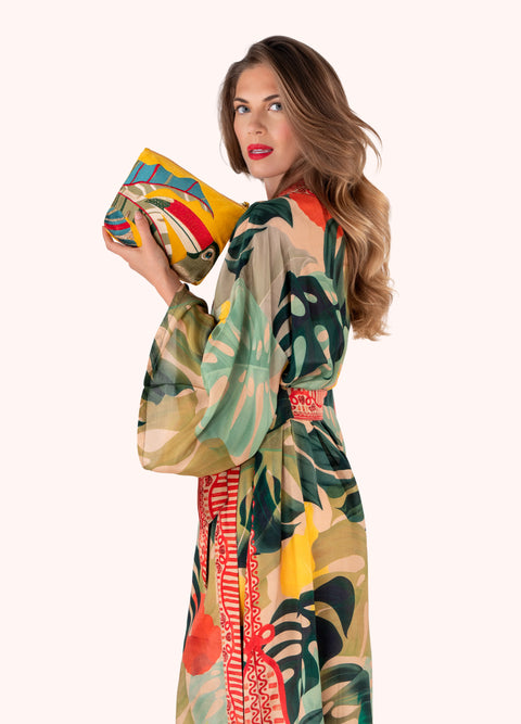 Powder MEZ2 M/Size Velvet Embroid Zip Pouch-Trop Toucan