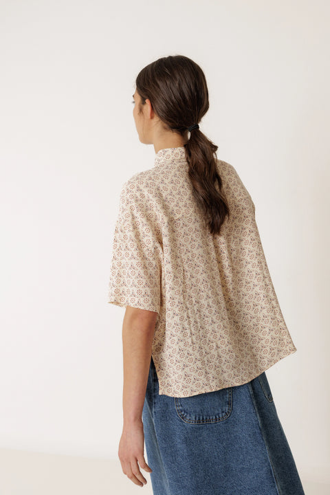 Indi & Cold MI142 Oversize Block Print Shirt In Ecru