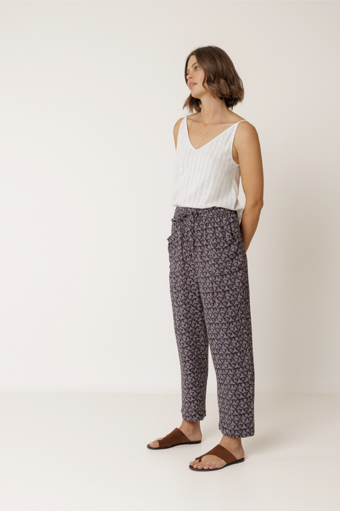 Indi & Cold MI143 Flowy Block Print Pant In Navy