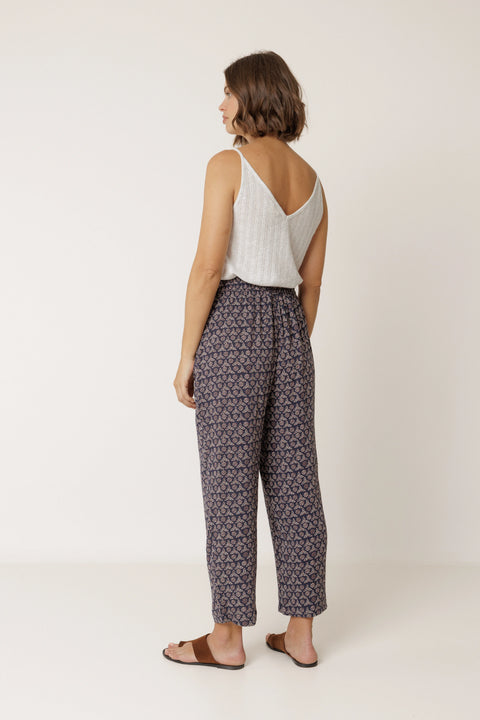 Indi & Cold MI143 Flowy Block Print Pant In Navy