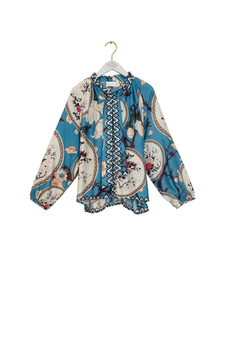 One Hundred Stars Magnolia Plates Blue Pussy Bow Blouse