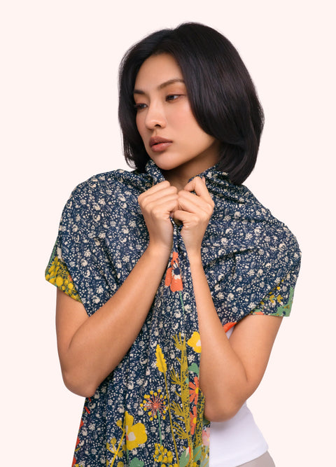 Powder POP6 Floral Hedgerow Cotton Poplin Scarf - Navy