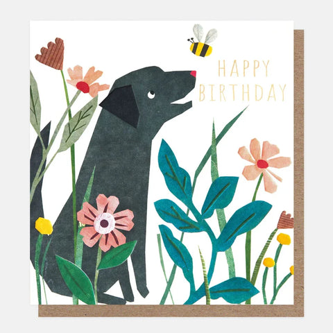 Caroline Gardner Gifts PRC006 Happy Birthday Collage Black Dog With Bee In Flowers