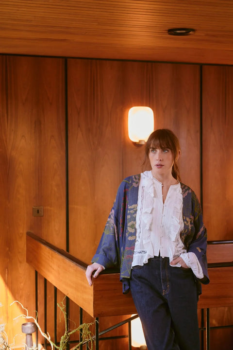One Hundred Stars Parsley Seed Navy Kimono
